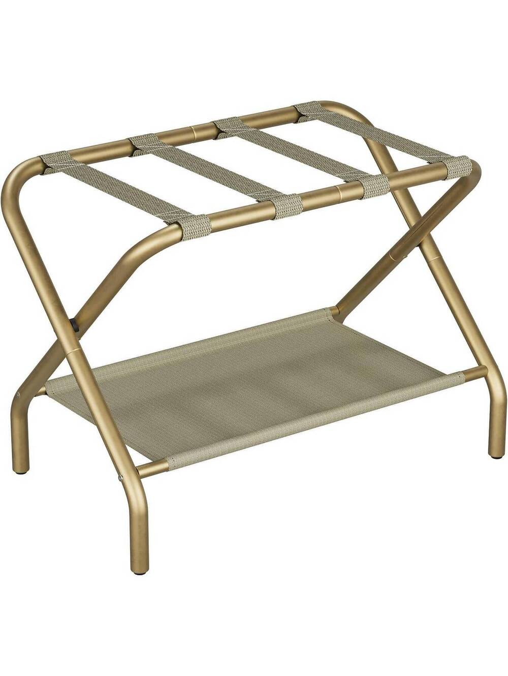 Gold Foldable Luggage Rack with Fabric Shelf & 4 Nylon Straps, 2-Tier